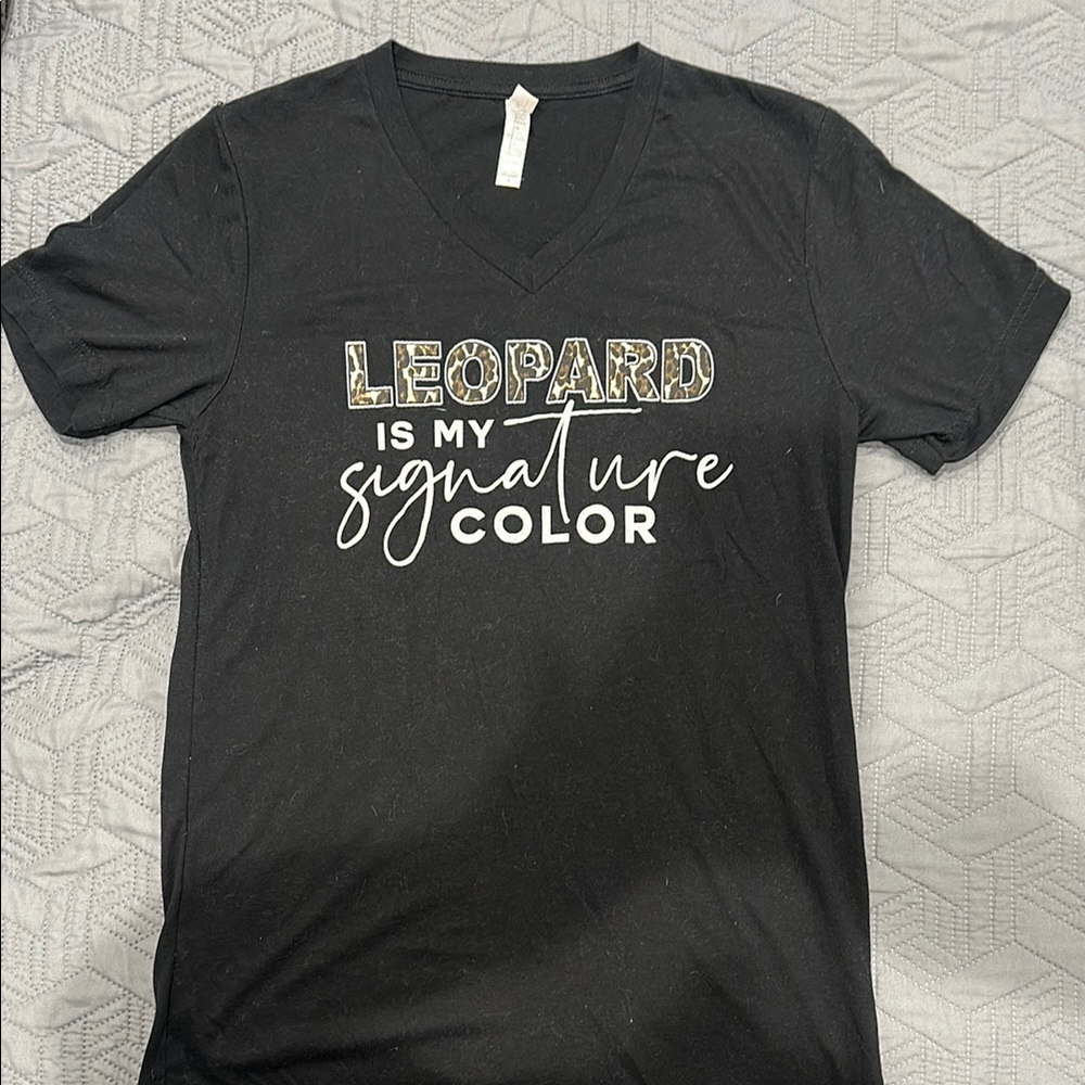 Black Graphic Tee with Leopard Print Text